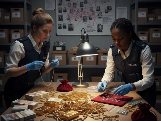 Police officers sifting through  recovered jewels, gold, and money